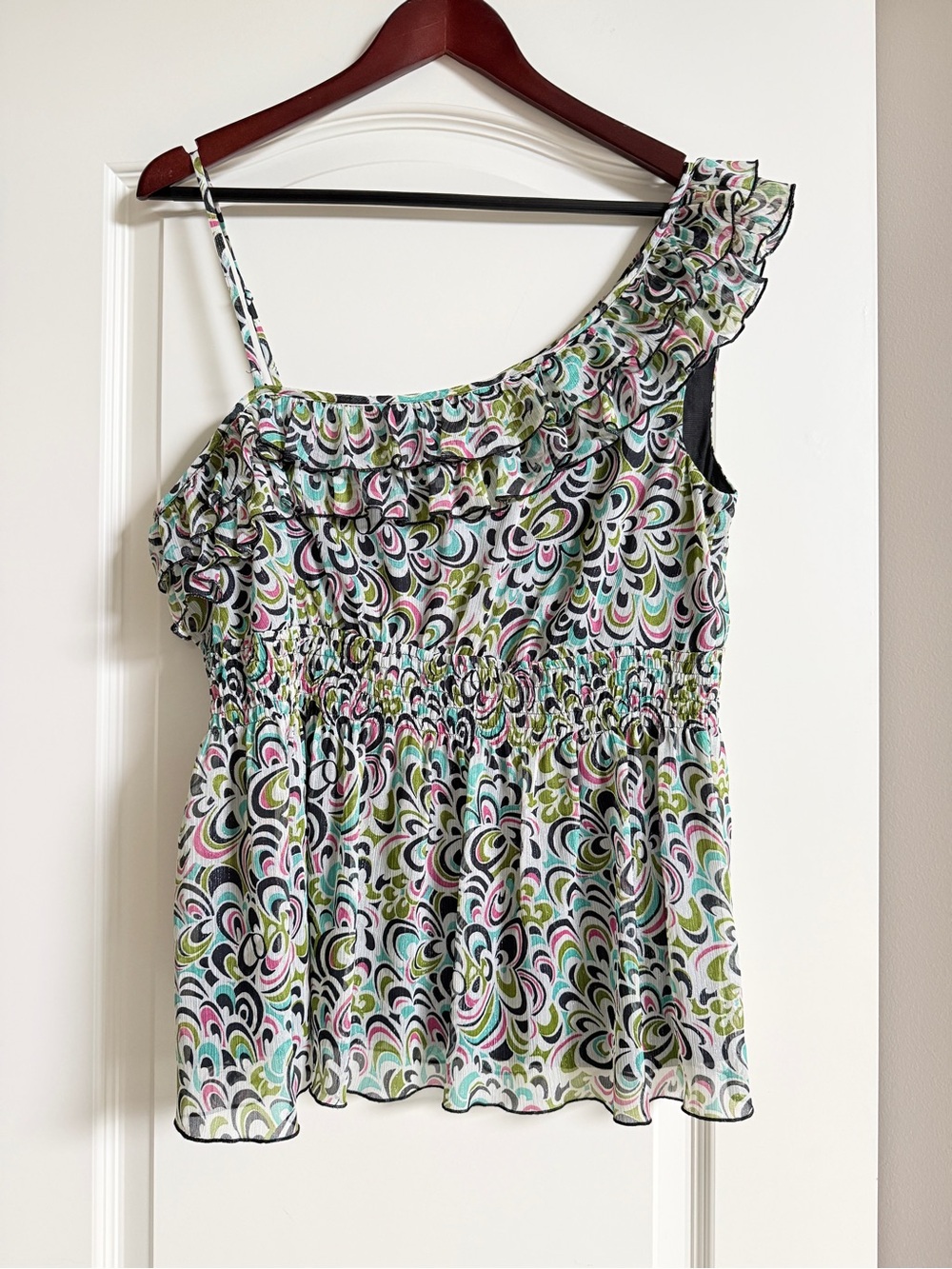 Nicole Miller One-Shoulder Ruffle Peplum Top in Multi-Color
